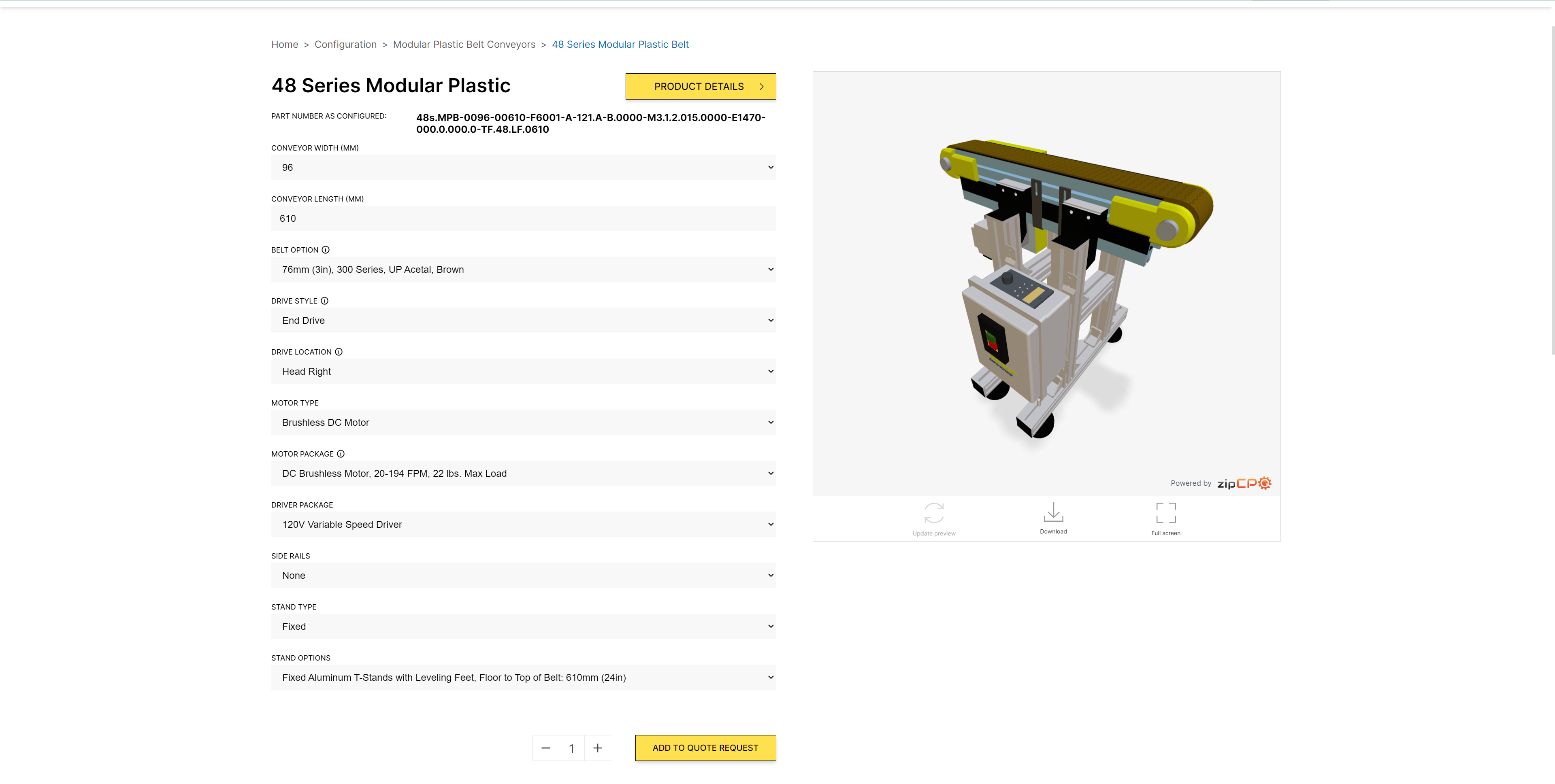 A screenshot showing the conveyor being configurated.