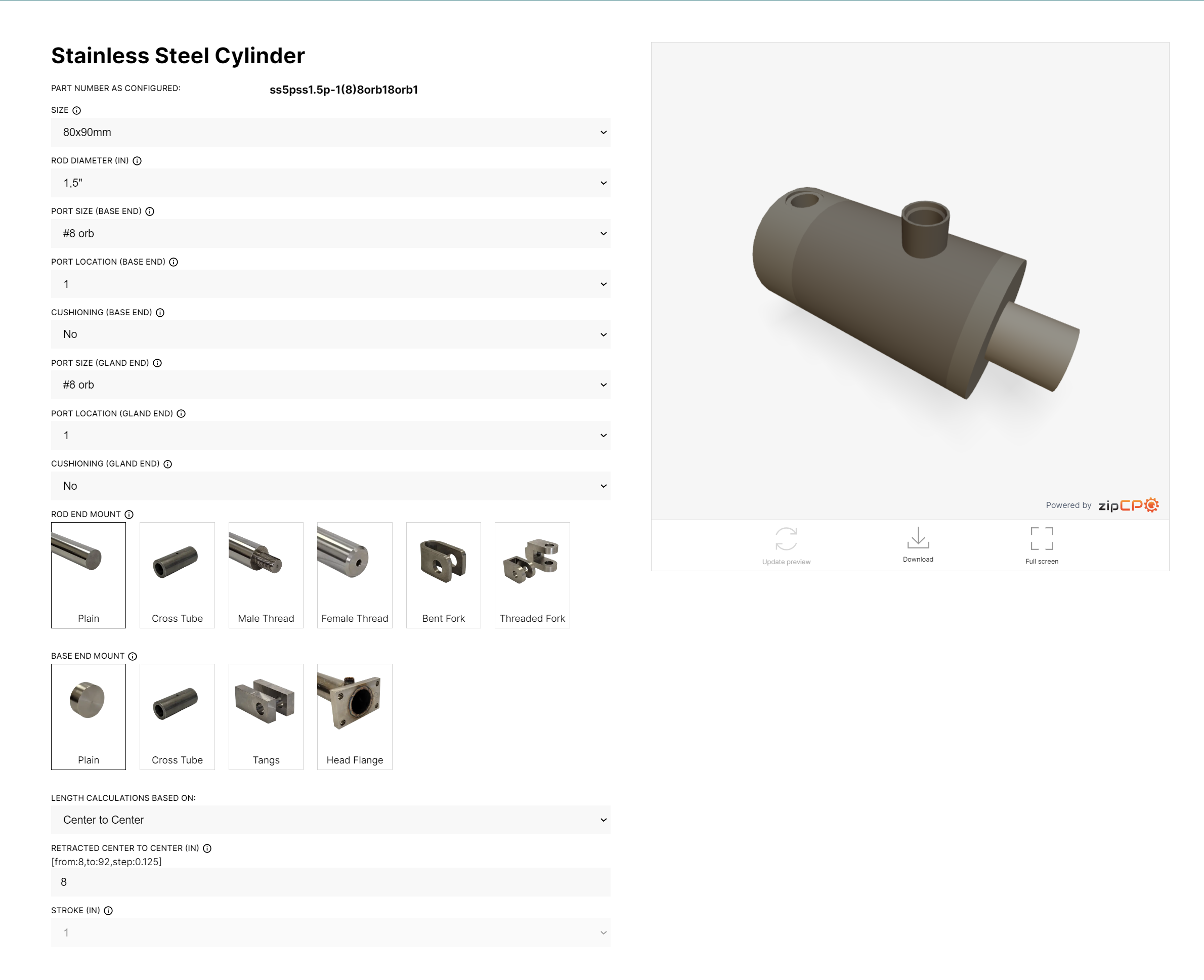A screenshot of the configuration showing the 3D model of a cylinder and various options for customization.